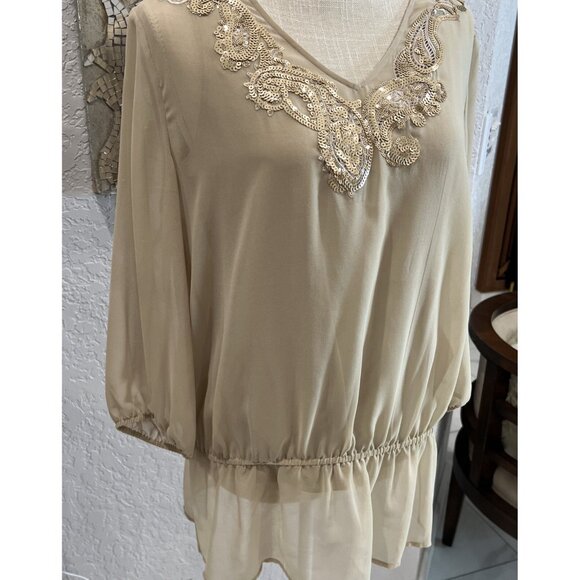 Chicos Beige Sheer Blouse Sequin Embellished Neckline & Cinched Waist Size M - Picture 3 of 12